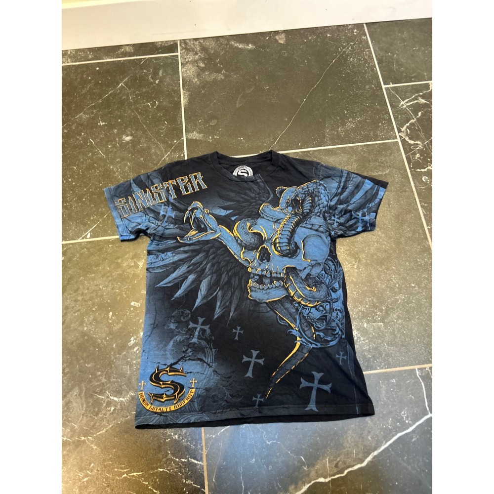 Sinister Brand Mens Medium Graphic Tee Skull Serpent MMA Tattoo Black Blue Shirt